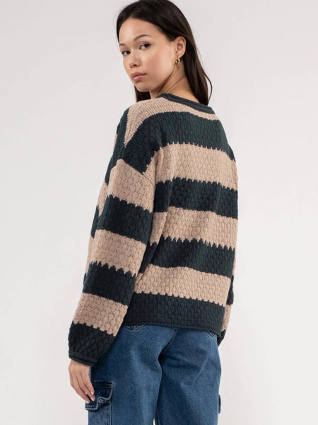 Bria Striped Crew Knit Sweater - Hunter Green