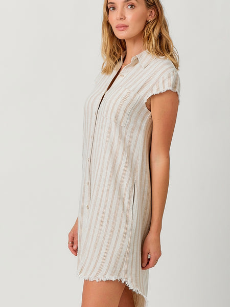 Adele Frayed Linen Shirt Dress - Sand Stripe