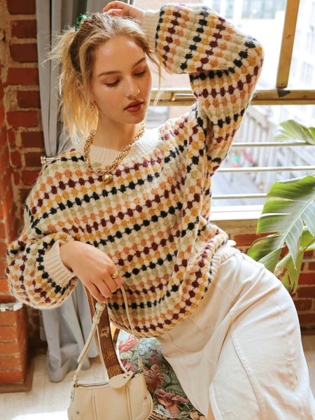 Frankie Multicolor Crew Knit Sweater - Cream Multi