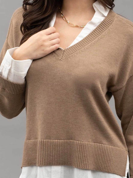 Bridget Layered V Neck Long Sleeve Sweater - Tan