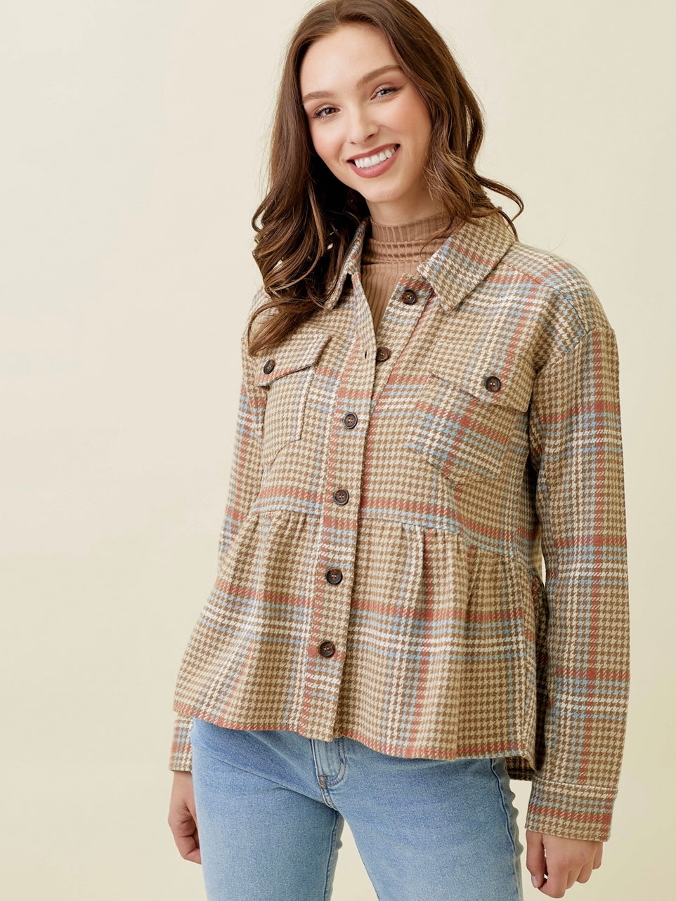 Anika Peplum Plaid Jacket - Latte – Rosemary & Thyme