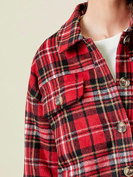 Angie Plaid Button Down Shacket - Red