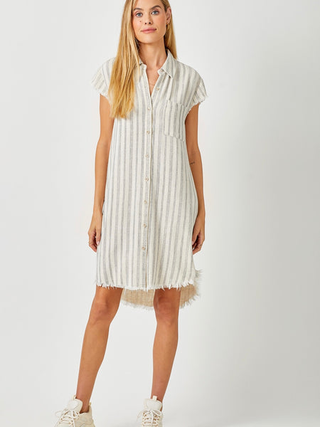 Adele Frayed Linen Shirt Dress - Navy Stripe