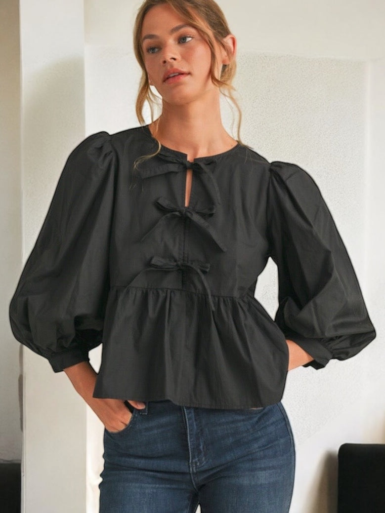 Jodifl Bow Ties Peplum Top with Balloon Sleeve - Black – Rosemary