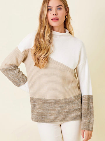 Marina Ribbed Color Block Sweater - Ivory/Latte