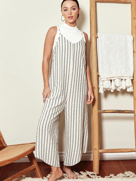 Kelly Silk Linen Stripe Jumpsuit - Oatmeal