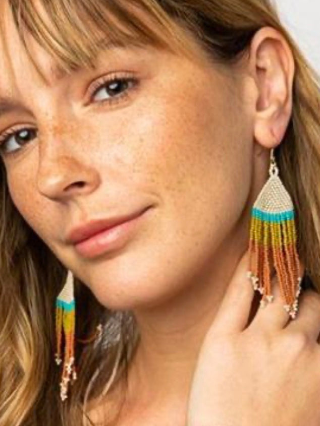 Rust Ivory Citron + Turquoise Stripe Fringe Earrings