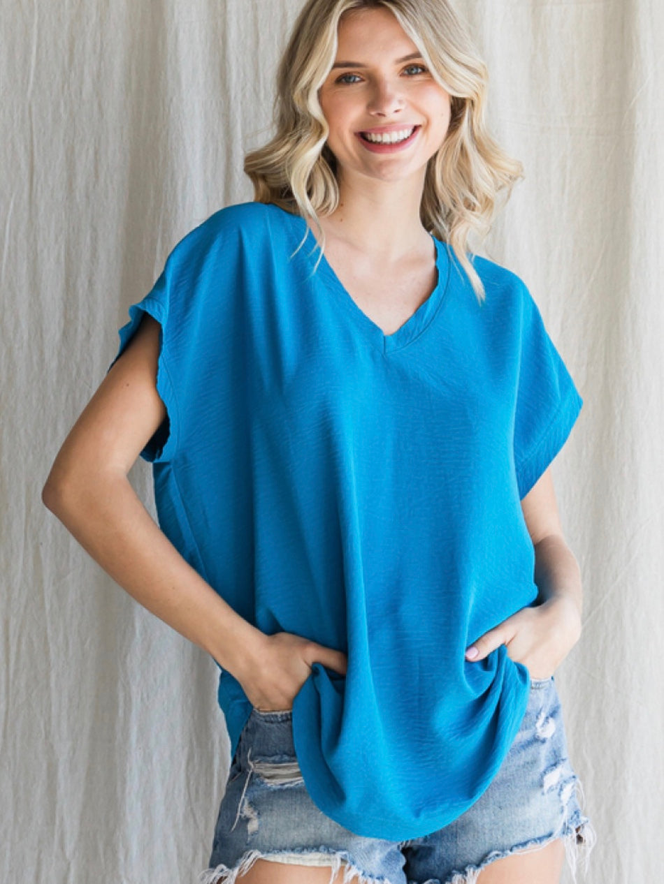 Jodifl Solid Top with Cap Sleeves and Raw Edge Hems - Turquoise