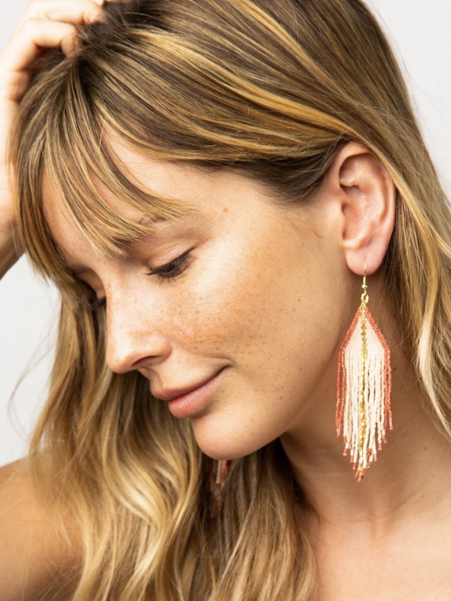 Ivory With Terra Cotta Blush Ombre Gold Luxe Stripe Fringe Earrings