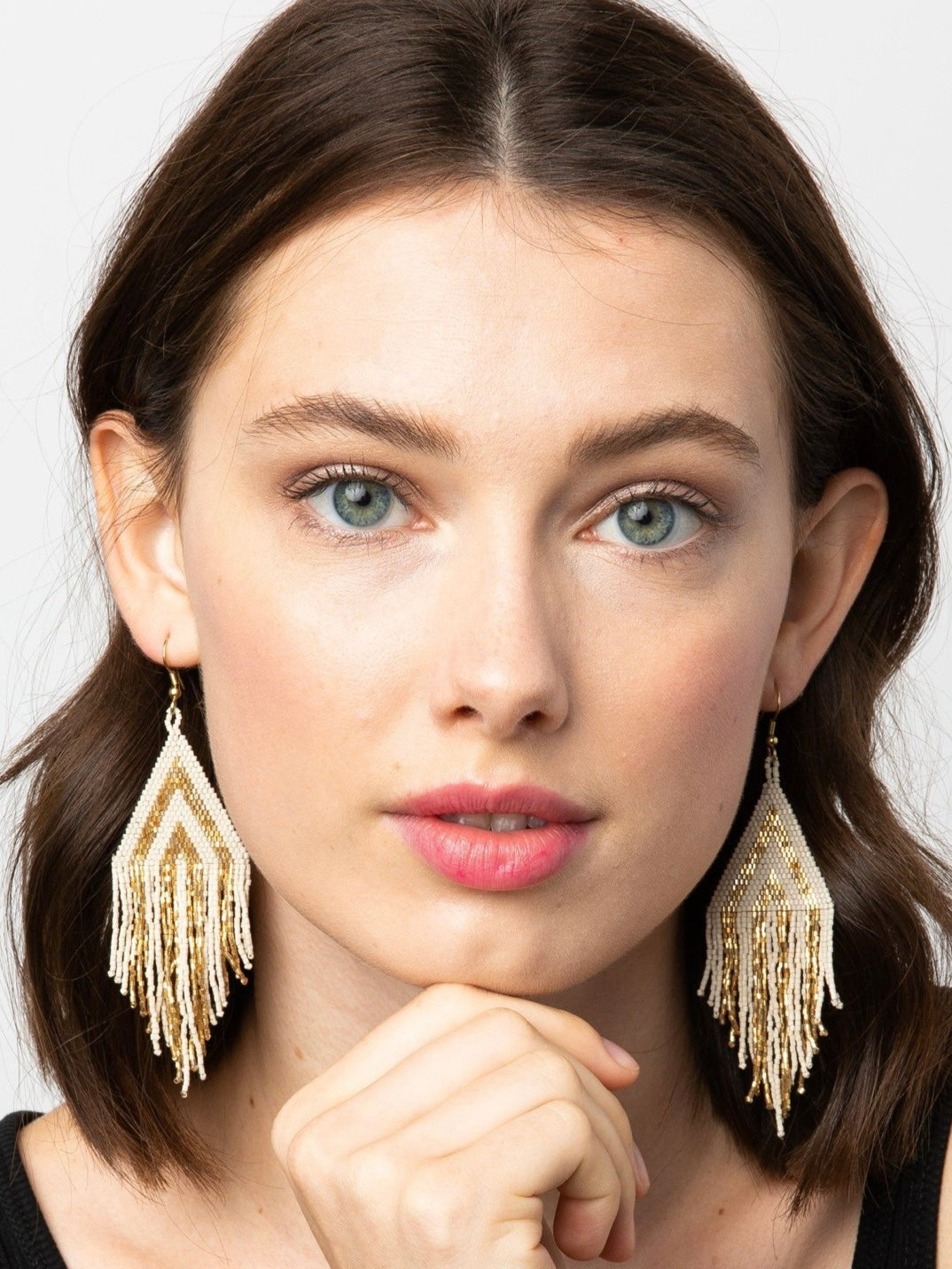 Haley Stacked Triangle Beaded Fringe Earrings Gold