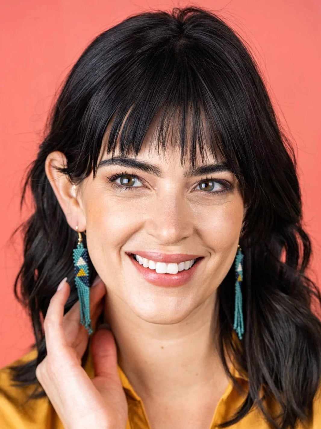 Teal Navy Citron Angles Petite Fringe Seed Bead Earrings.