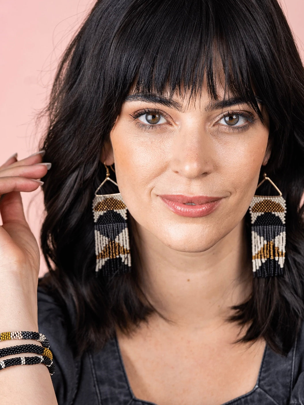 Black Gold Half Circles on Triangle Earrings
