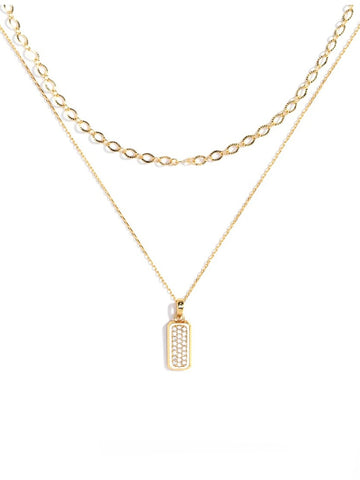 Double Layer Textured Chain + Open CZ Pendant Necklace | Gold