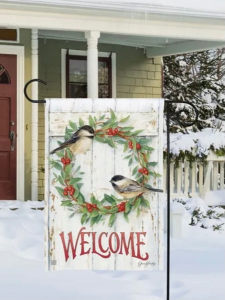 Chickadee Wreath Garden Flag (Flag Stand Sold Separately)