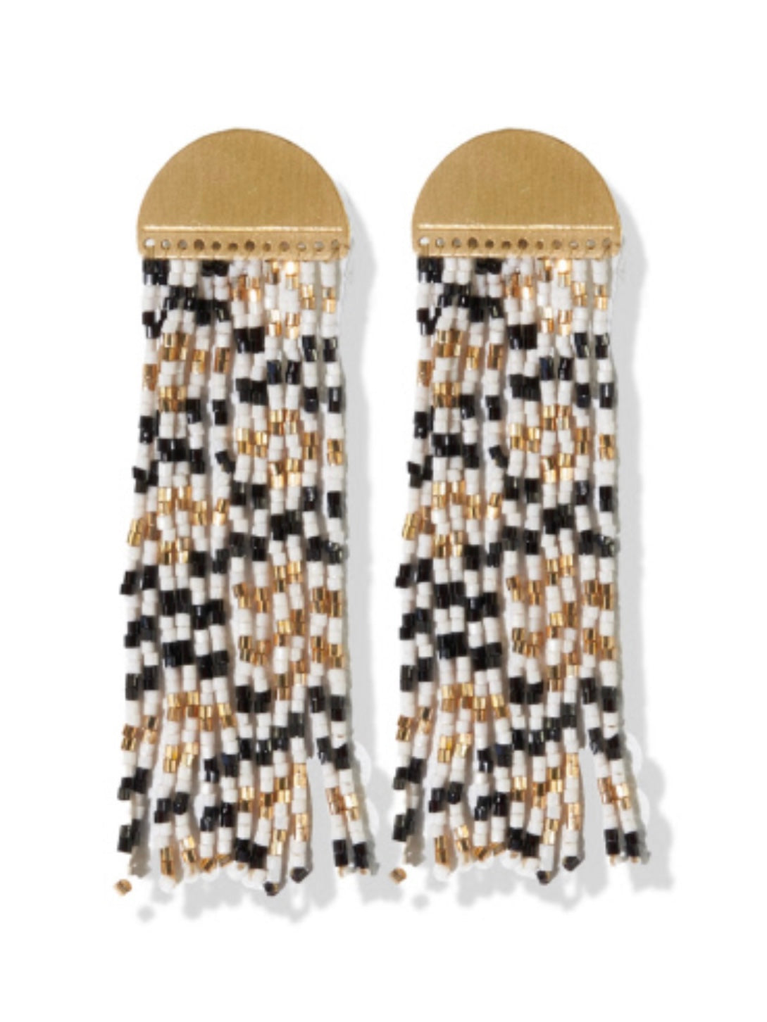 Black White Fringe Beads Brass Half Circle Post Earrings