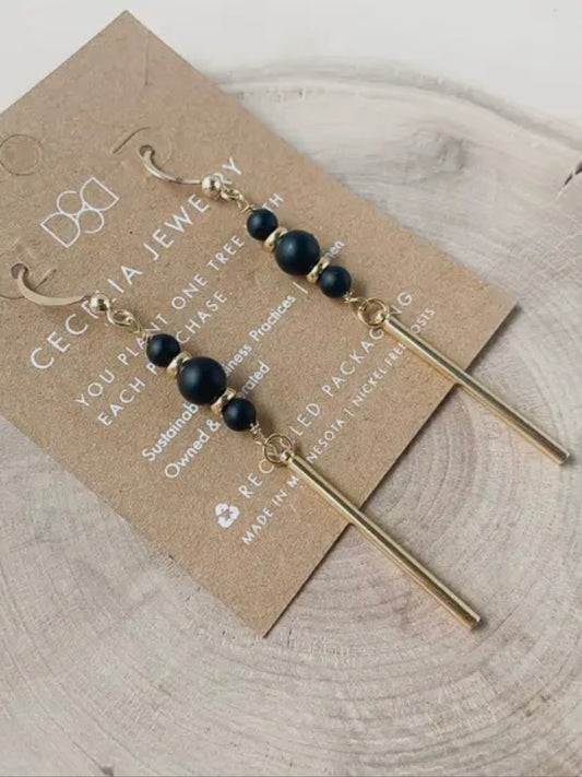 Gemstone Drop Bar Earrings | Black Agate