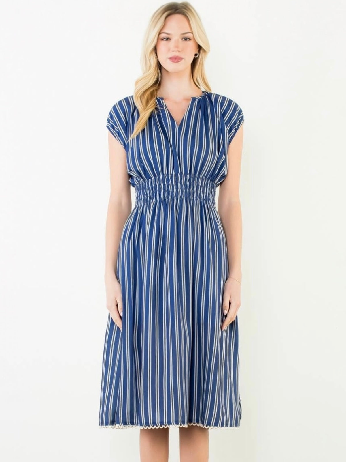 THML Striped Smocked Waist Dress – Navy