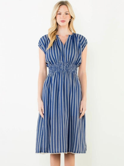 THML Striped Smocked Waist Dress – Navy