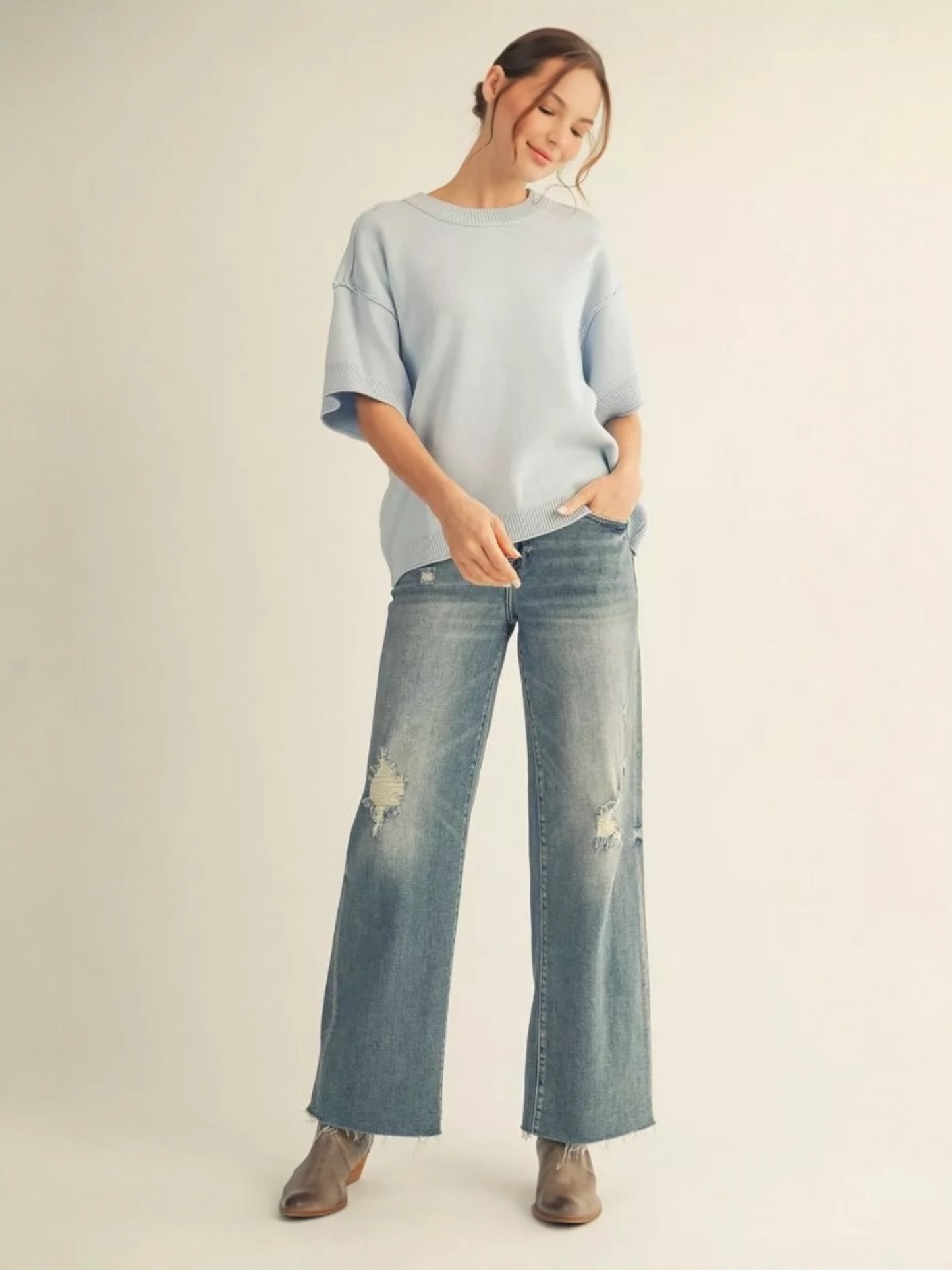 Jodifl Comfy Sweater Top With Raw Edge Detail  - Powder Blue