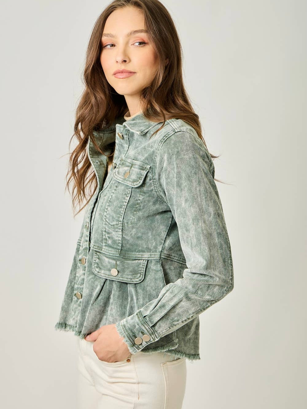 Mystree Washed Corduroy Peplum Jacket - Washed Green
