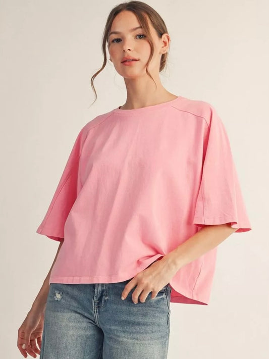 Jodifl Mineral Washed Drop Shoulder Casual Top – Pink