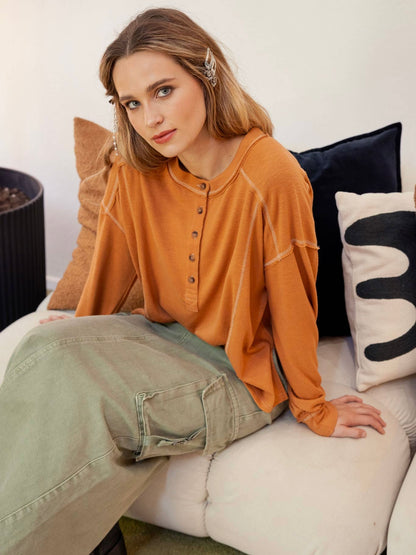 Blu Pepper Contrast Stitch Long Sleeve Henley Knit Top - Rust