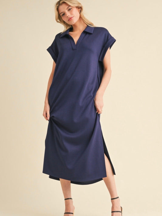 Jodifl Solid Midi Dress With Open Collared Neck - Navy