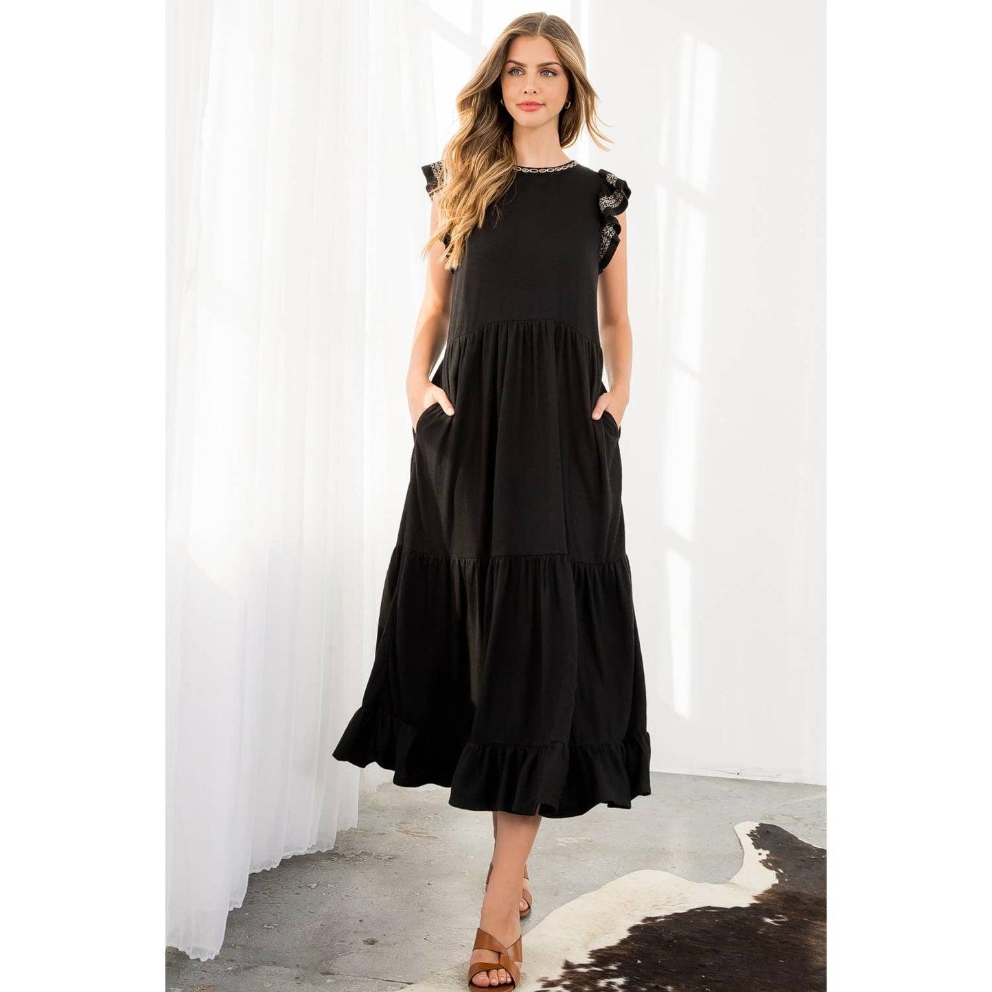 THML Flutter Sleeve Knit Dress – Black
