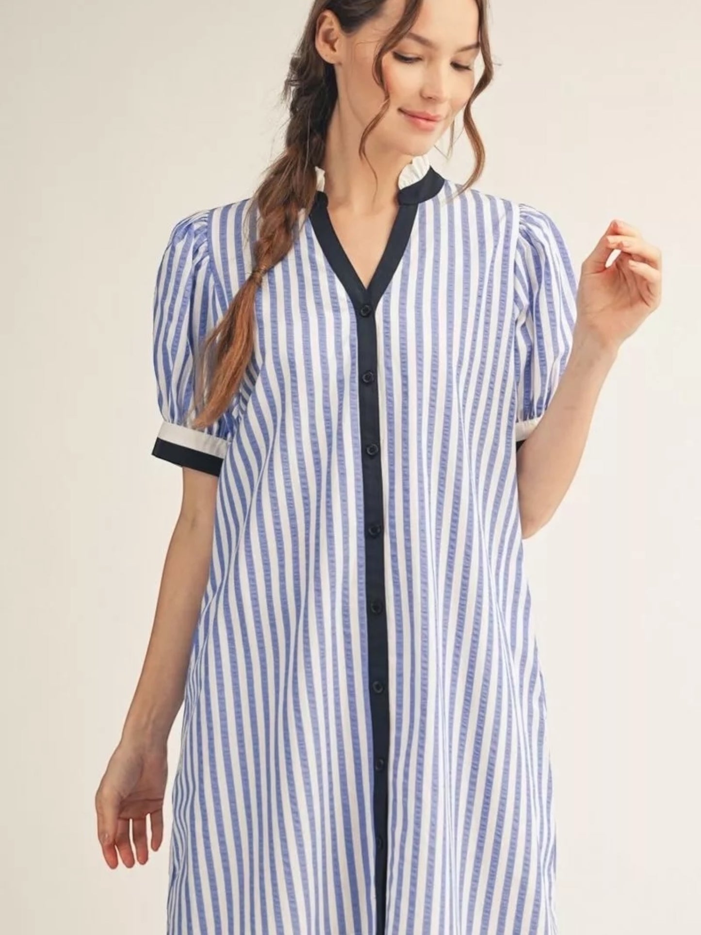 Jodifl Stripe Button Front Shift Dress with Black Contrast Trim – Blue