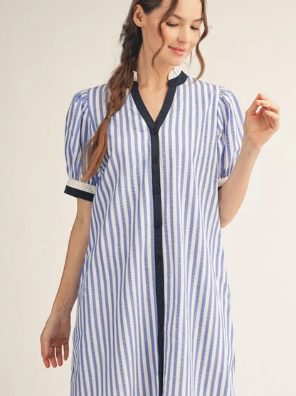 Jodifl Stripe Button Front Shift Dress with Black Contrast Trim – Blue