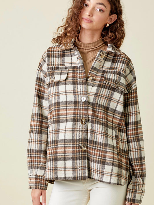 Angie Plaid Button Down Shacket - Taupe