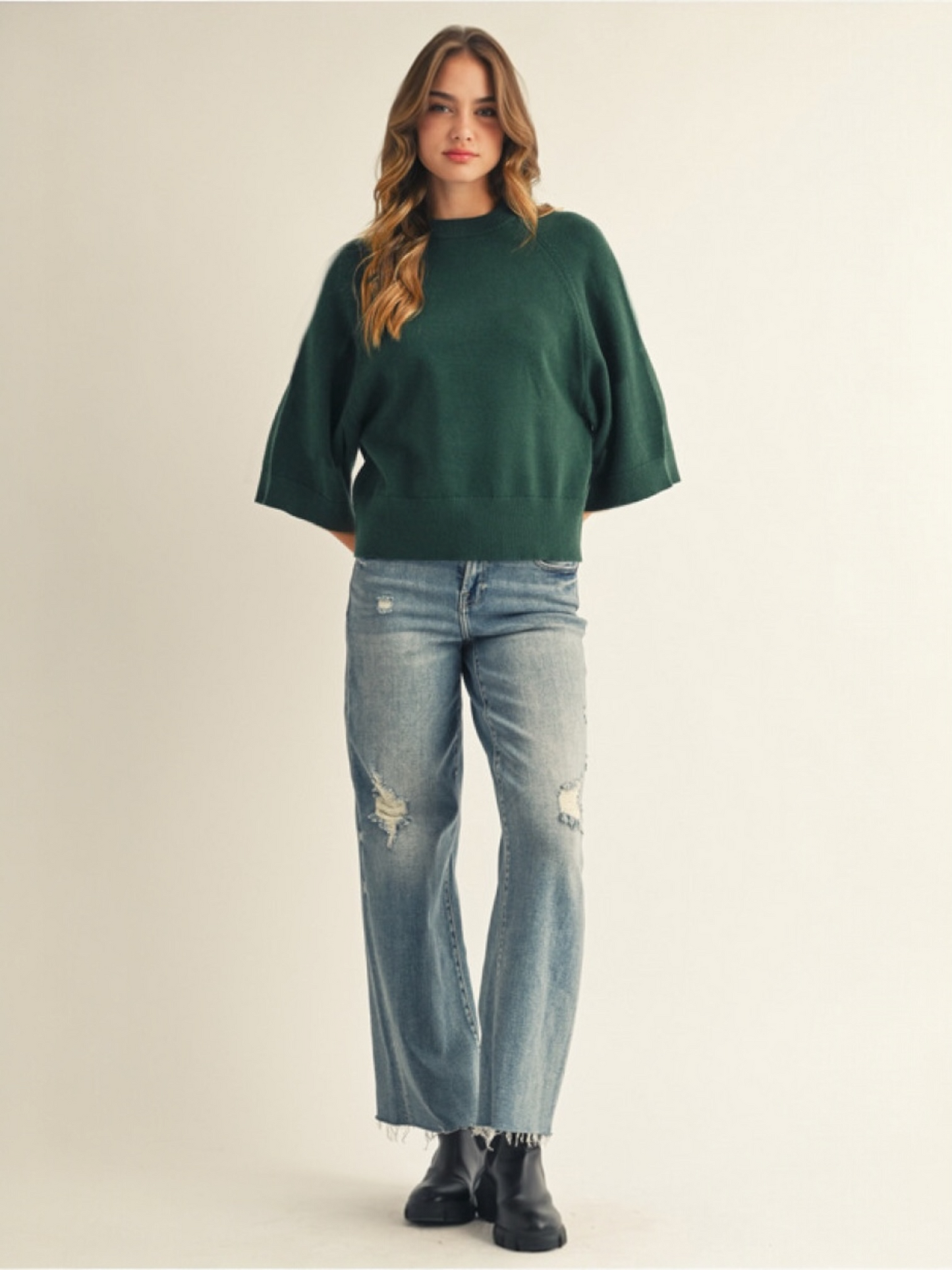 Jodifl Soft Comfy Sweater Top With Wide Sleeves - Hunter Green