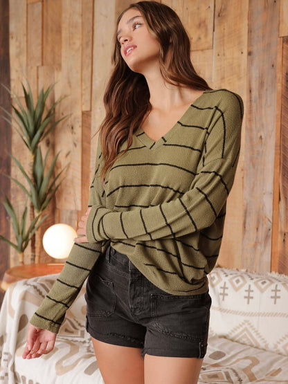 Blu Pepper Stripe V Neck Knit Top - Olive