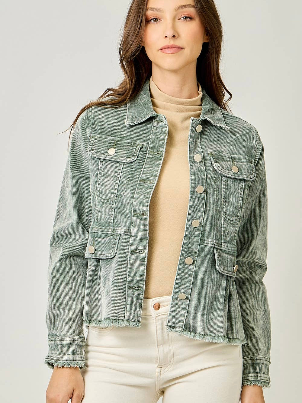 Mystree Washed Corduroy Peplum Jacket - Washed Green