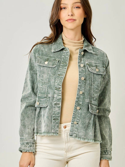 Mystree Washed Corduroy Peplum Jacket - Washed Green