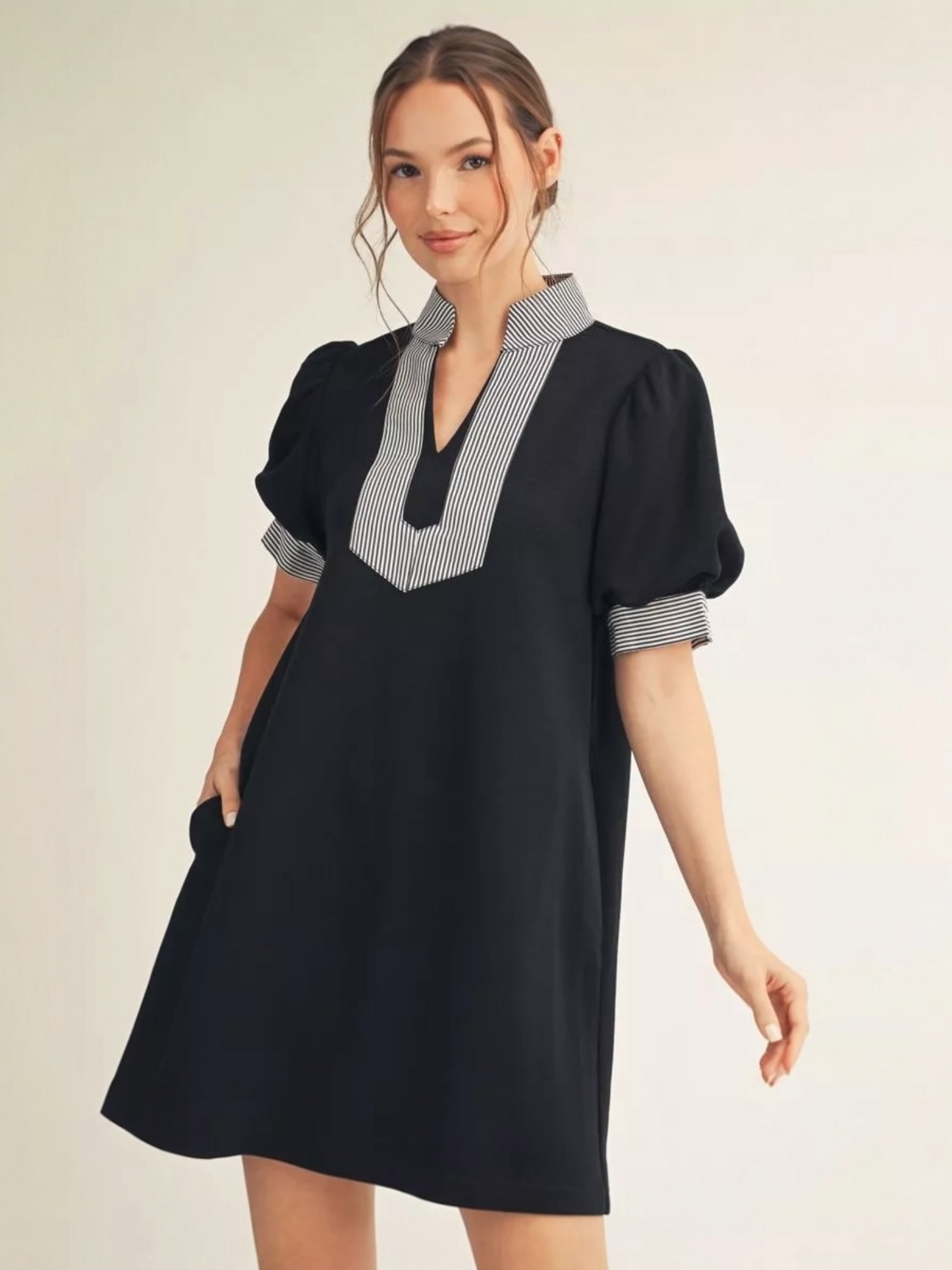 Jodifl Puff Sleeve Shift Dress with Stripe Contrast Accent – Black