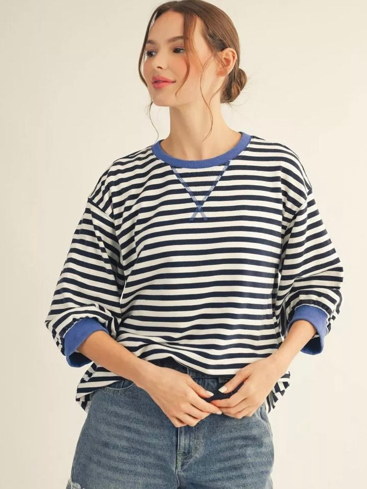 Jodifl Mineral Washed Stripe Top – 3/4 Sleeve V-Notch Neckline – Navy