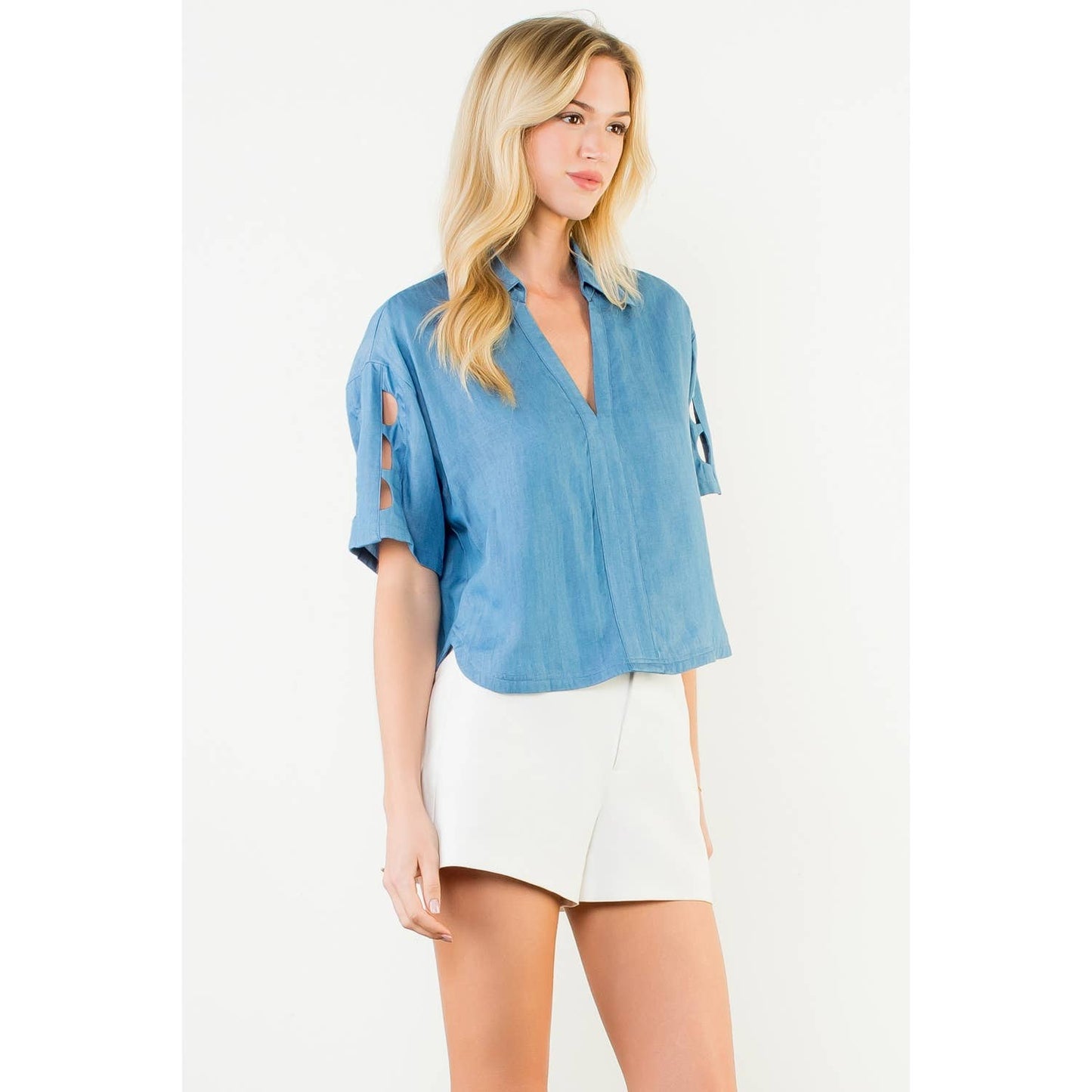 THML Short Sleeve Cutout Denim Top – Blue