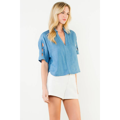 THML Short Sleeve Cutout Denim Top – Blue