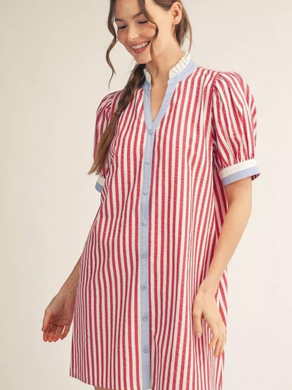 Jodifl Stripe Button Front Shift Dress with Blue Contrast Trim – Red