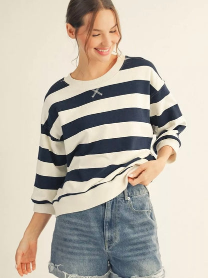 Jodifl Bold Stripe Casual Top With Drop Shoulder And V-Notch - Navy