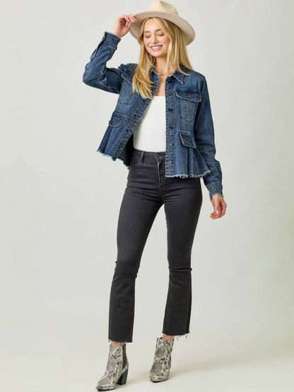 Mystree Washed Denim Peplum Jacket - Dark Denim