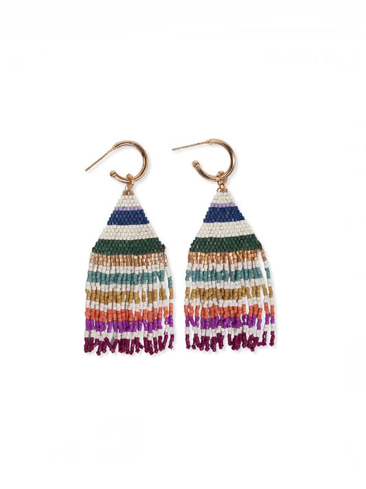 James Mini Gold Hoop Horizontal Stripes Beaded Fringe Earrings Muted