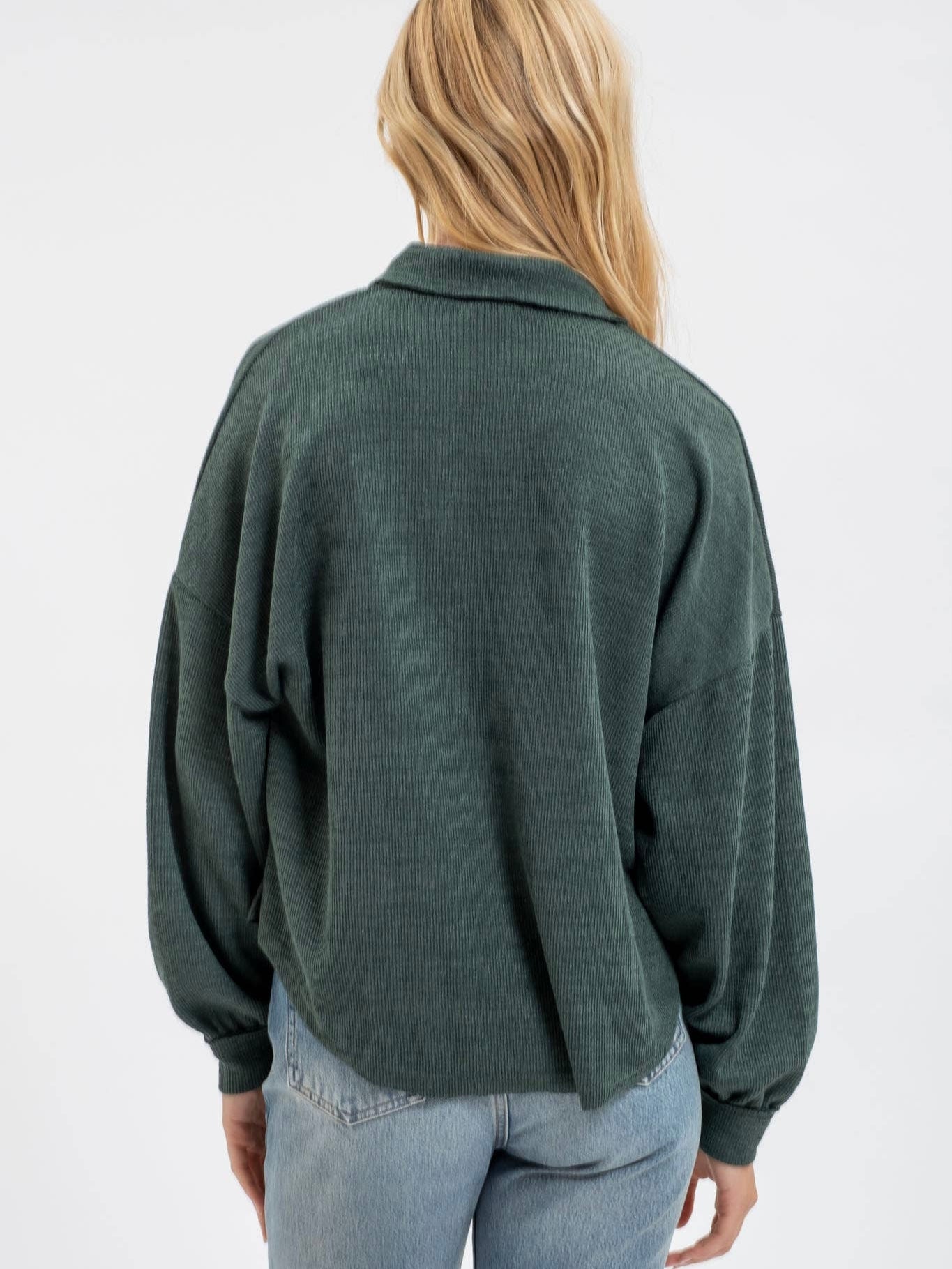 Blu Pepper Collared Raw Edge Knit Top - Forest Green