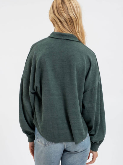 Blu Pepper Collared Raw Edge Knit Top - Forest Green