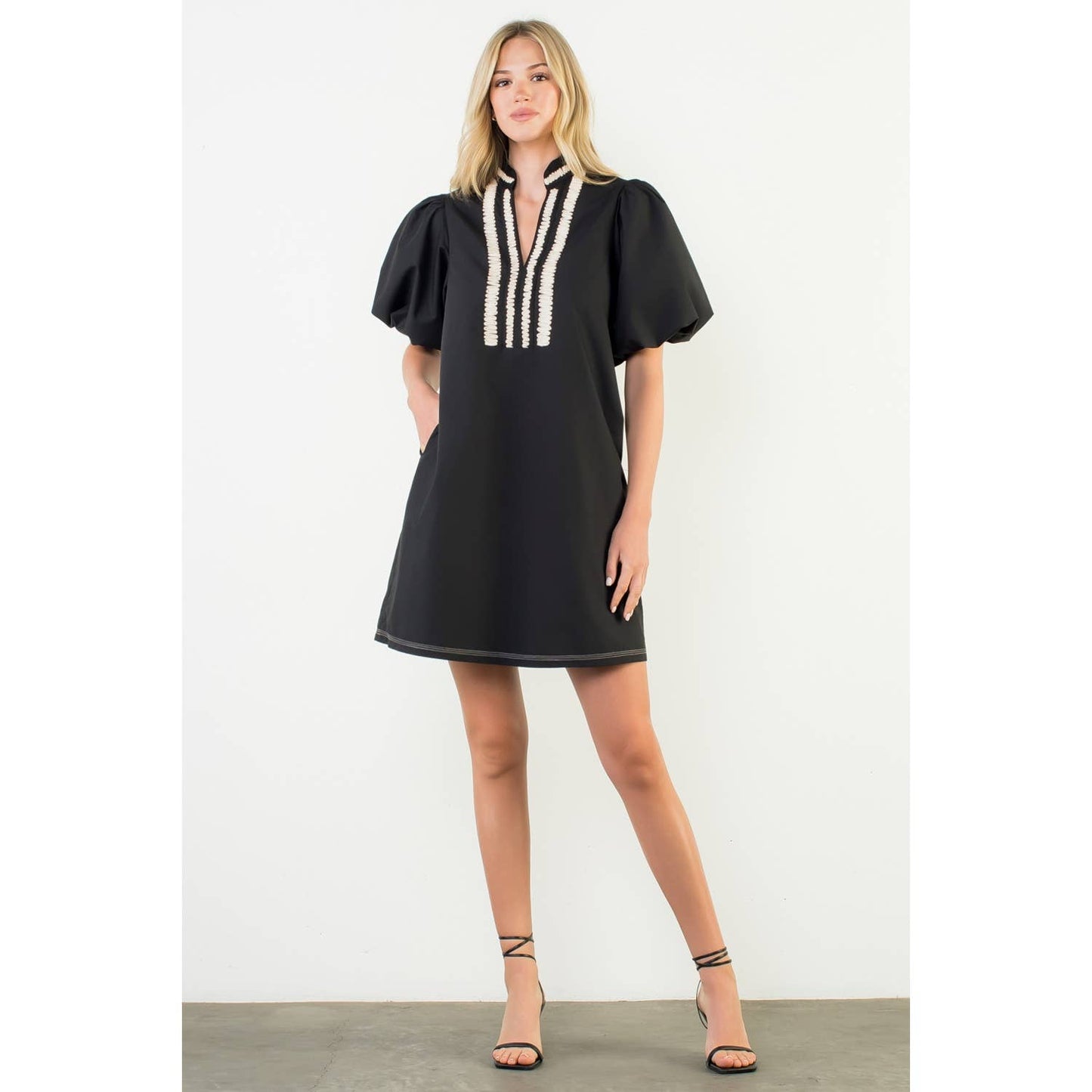 THML Puff Sleeve Embroidered Textured Dress – Black