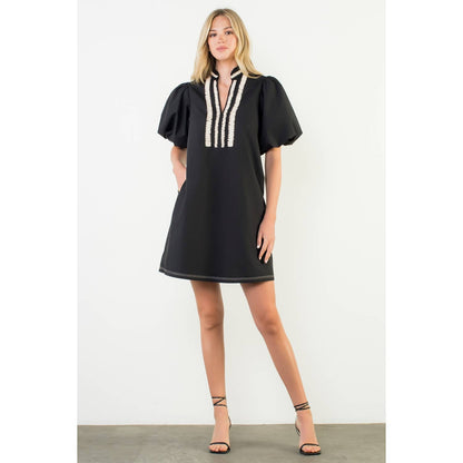 THML Puff Sleeve Embroidered Textured Dress – Black