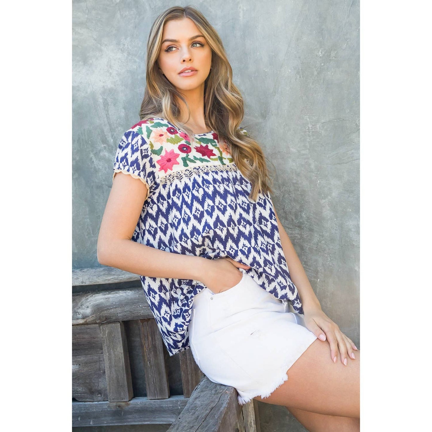 THML Embroidered Stripe Top – Blue