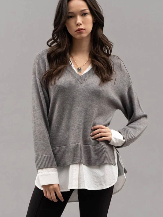 Bridget Layered V Neck Long Sleeve Sweater - Grey