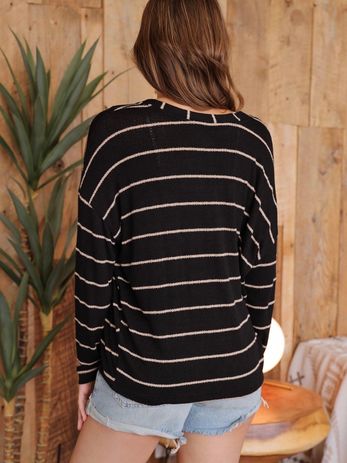 Blu Pepper Stripe V Neck Knit Top - Black